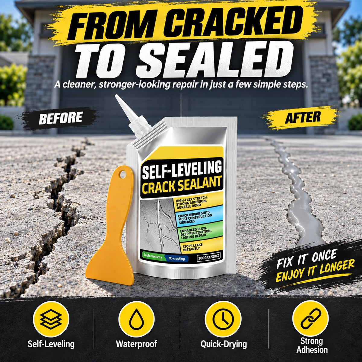 🛠️ Self-Leveling Concrete Crack Sealant, Waterproof Flexible Crack Filler for Driveway Sidewalk Garage Floor, All Weather Outdoor Concrete Crack Repair