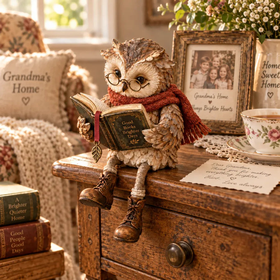 📚 Reading Owl Statue with Scarf & Glasses, Rustic Home Desk & Shelf Decor Ornament