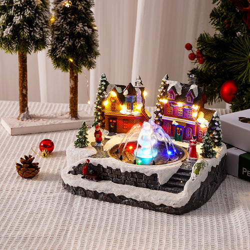 🎄Animated Christmas Village Fountain Music Box✨ Light‑Up Resin Winter Scene Ornament Holiday Tabletop Decor Xmas Gift
