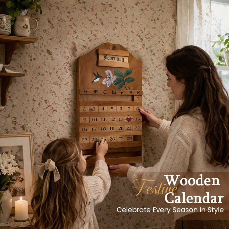 🌲 Wooden Perpetual Calendar – Rustic Family Date Tracker with Hand-Painted Art, Reusable DIY Home Decor for Wall & Tabletop