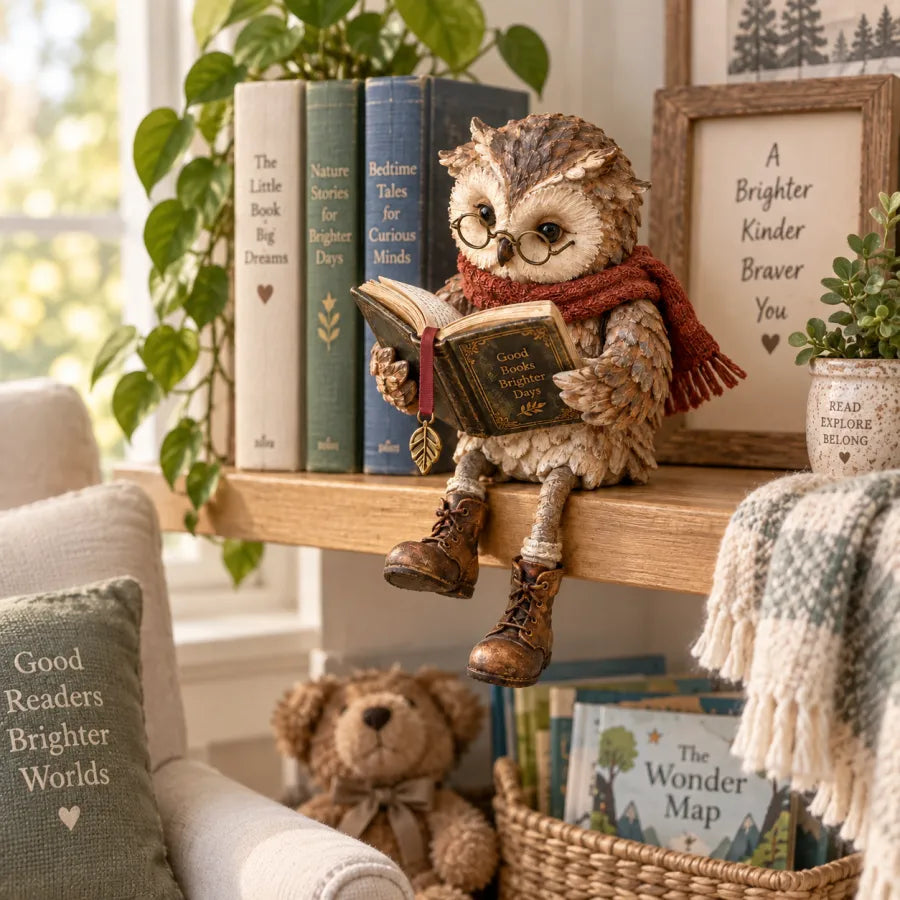 📚 Reading Owl Statue with Scarf & Glasses, Rustic Home Desk & Shelf Decor Ornament