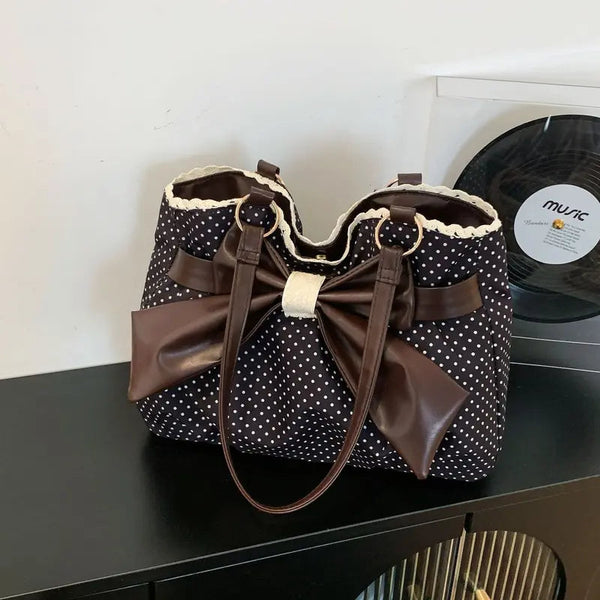 🤎 Retro Sweet Polka Dot Shoulder Tote Bag, Big Brown Bow Lace Edge Canvas Everyday Purse