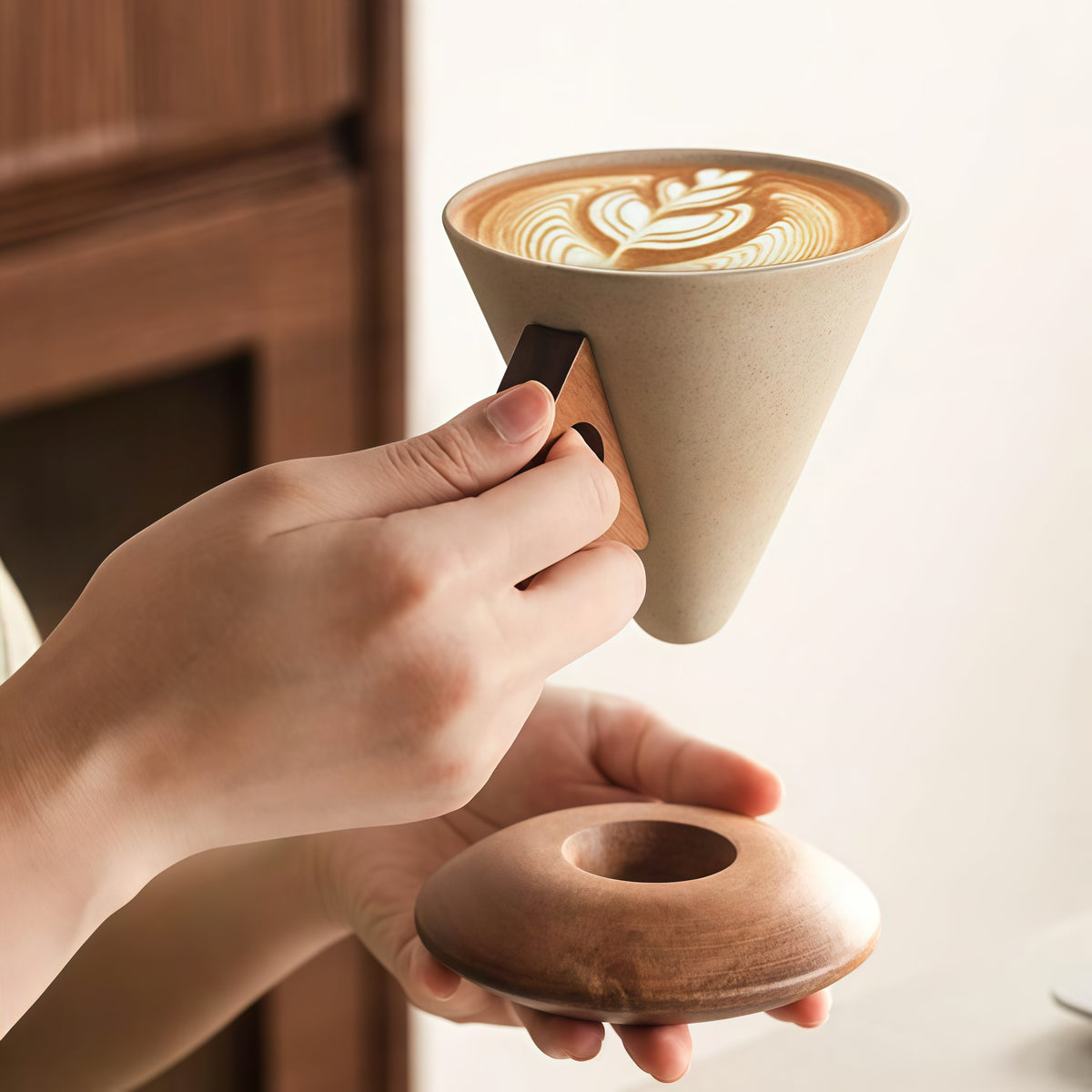 ☕ Handmade Ceramic Pour Over Coffee Dripper with Wooden Handle & Base