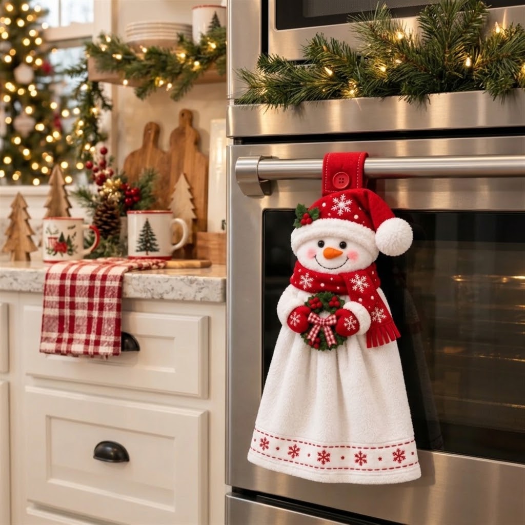 🎄 Christmas Hanging Kitchen Towel, Snowman Gingerbread Reindeer Decorative Hand Towel