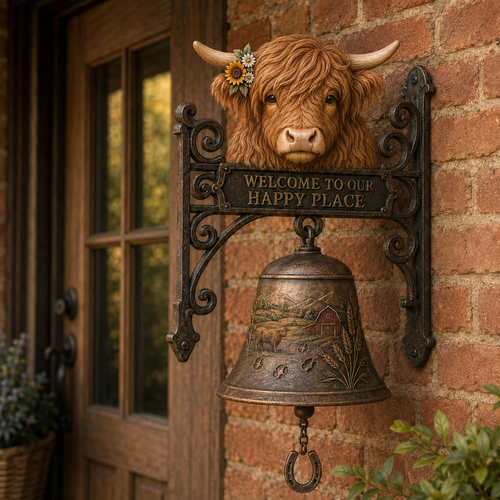 🐂 Highland Cow Welcome Bell – Rustic Farmhouse Door Décor🔔