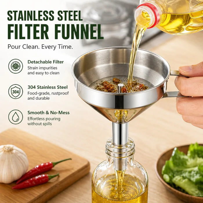 🥘Stainless Steel Kitchen Funnel With Detachable Filter Strainer