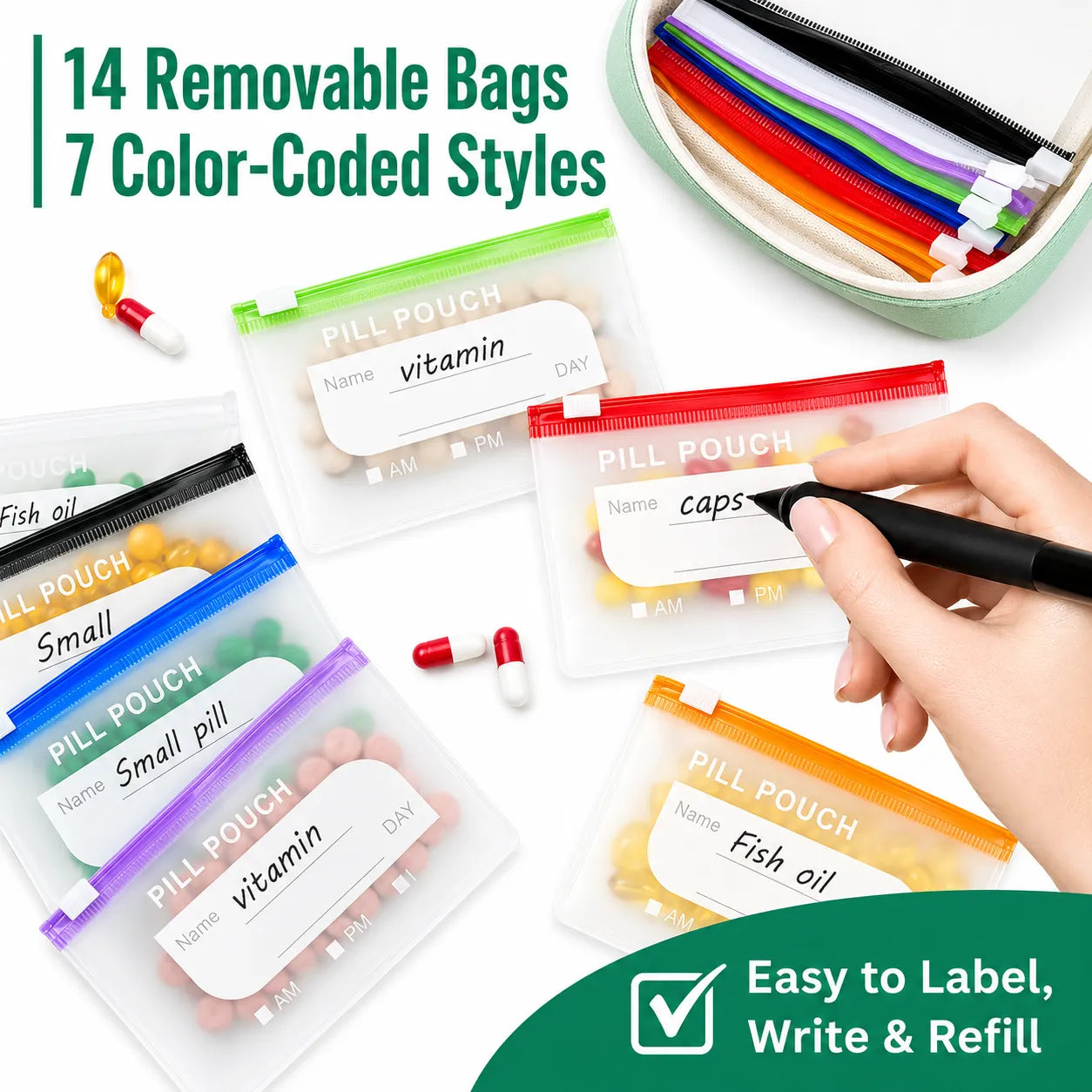 💊A8 Waterproof Pill Pouch Set –  14 Days of Meds & Vitamins💧Waterproof & Crush-Resistant Shell