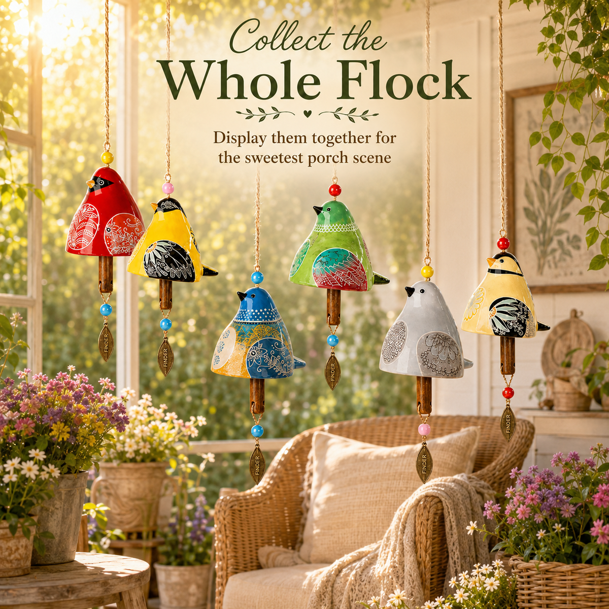 ✨ Hand-Painted Resin Bird Wind Chime, Colorful Folk Art Garden Hanging Decor