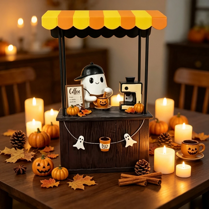 🎃 Cute Ghost Coffee Stand Figurine – Resin Halloweena Tabletop Decor with Mini Barista Bar, Perfect Fall Gift