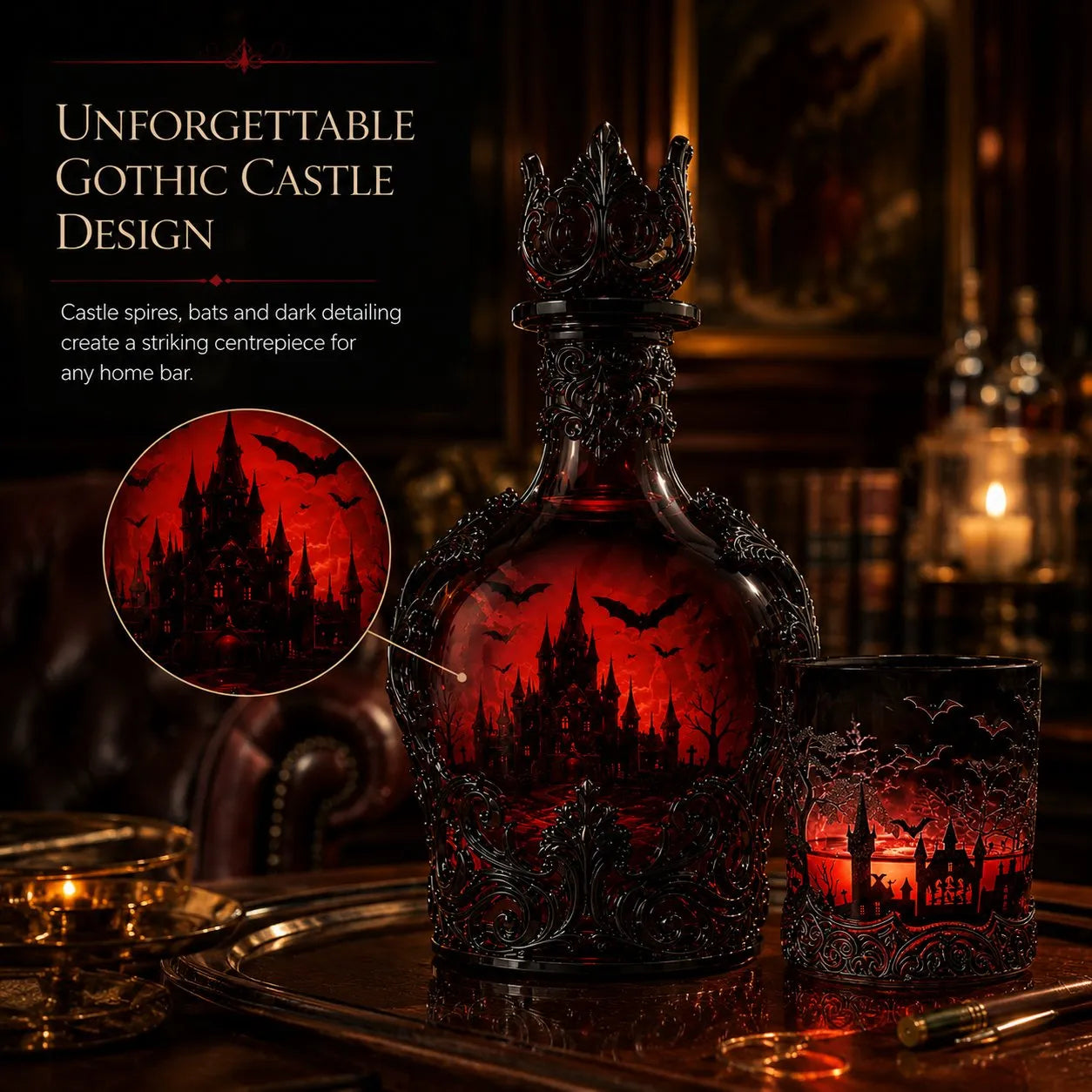 🦇 Gothic Vampire Castle Decanter & Tumbler – Dark Elegance Barware for Whisky Lovers