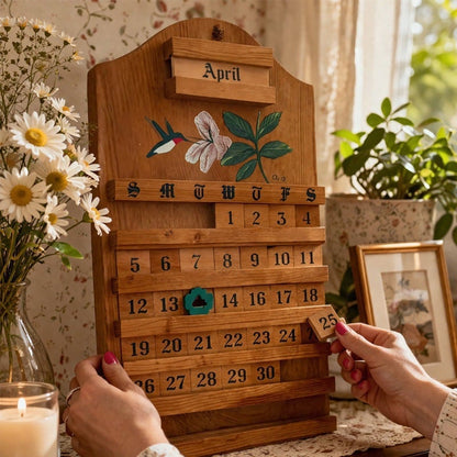 🌲 Wooden Perpetual Calendar – Rustic Family Date Tracker with Hand-Painted Art, Reusable DIY Home Decor for Wall & Tabletop