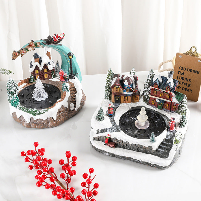 🎄Animated Christmas Village Fountain Music Box✨ Light‑Up Resin Winter Scene Ornament Holiday Tabletop Decor Xmas Gift