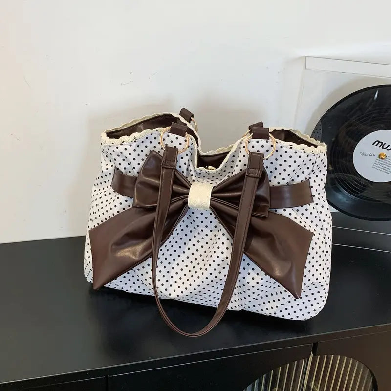 🤎 Retro Sweet Polka Dot Shoulder Tote Bag, Big Brown Bow Lace Edge Canvas Everyday Purse