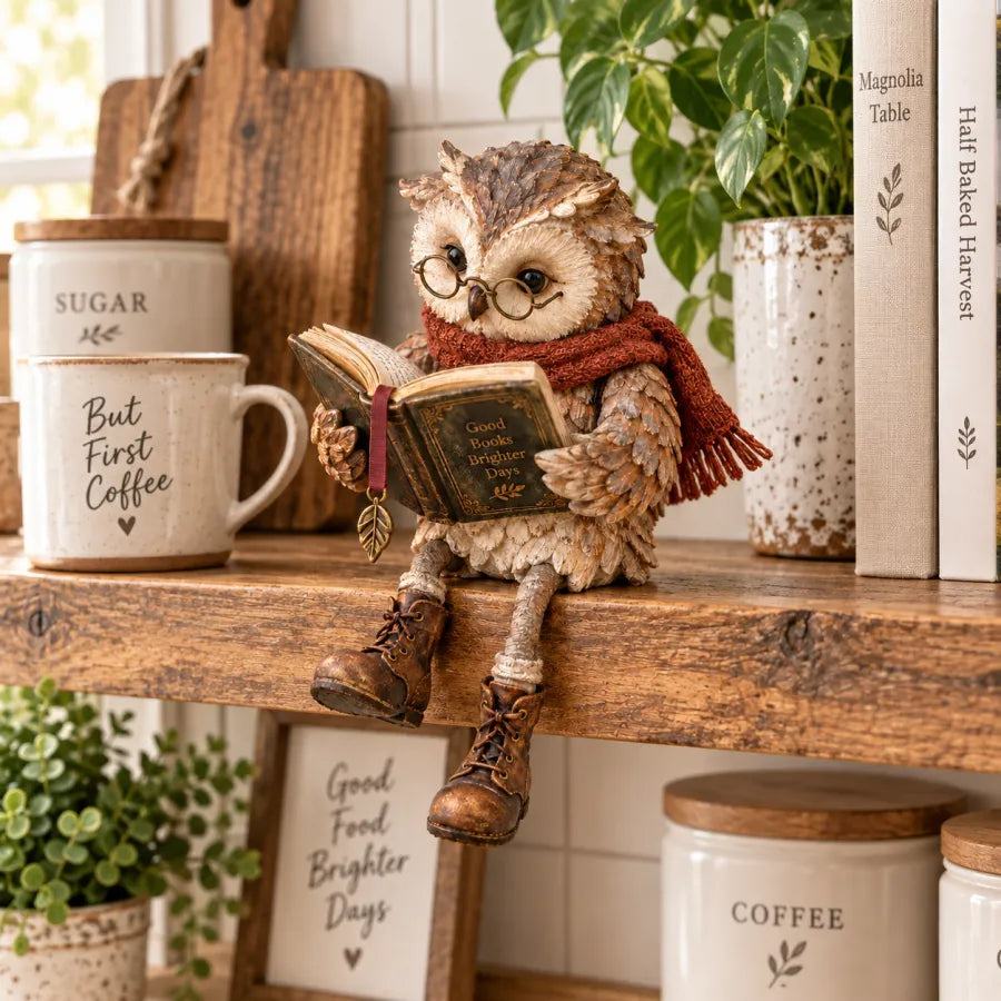 📚 Reading Owl Statue with Scarf & Glasses, Rustic Home Desk & Shelf Decor Ornament