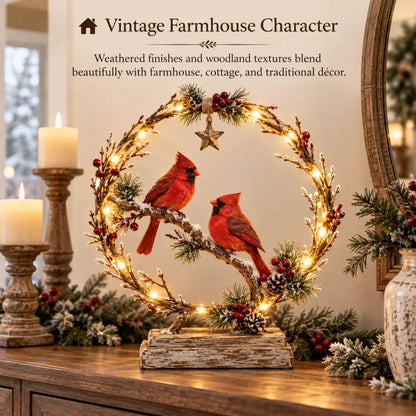 🔥🎁Lighted Cardinal Tabletop Decor, Rustic Red Cardinal Pair with Warm LED Lights