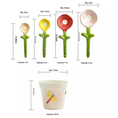 🌸 Ceramic Flower Measuring Spoons Set – Cute Nesting Design with Decorative Pot, 4 Sizes for Baking & Cooking