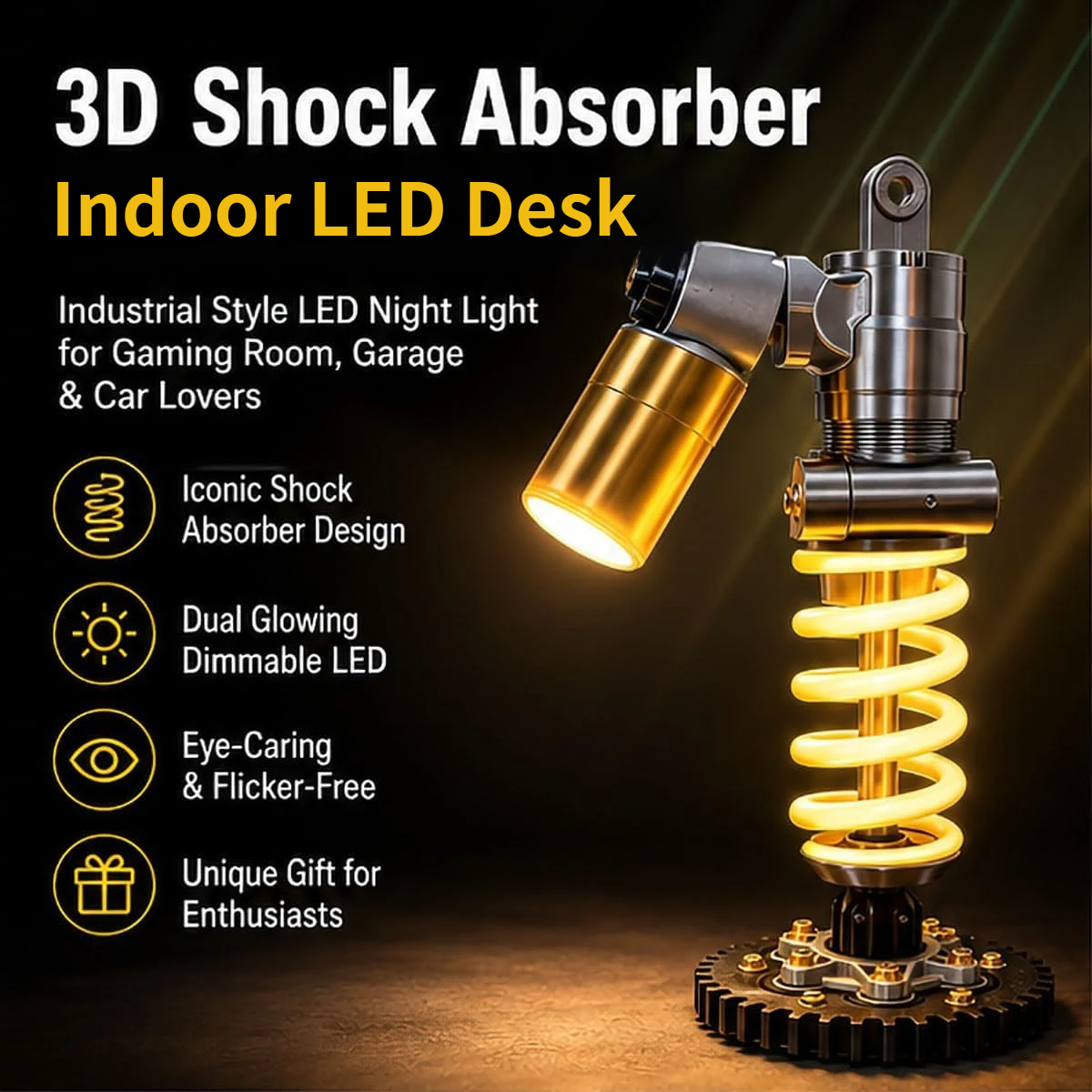 🔧 Industrial Shock Absorber LED Desk Lamp – 3D Spring Design Dimmable Night Light for Gaming Room & Garage