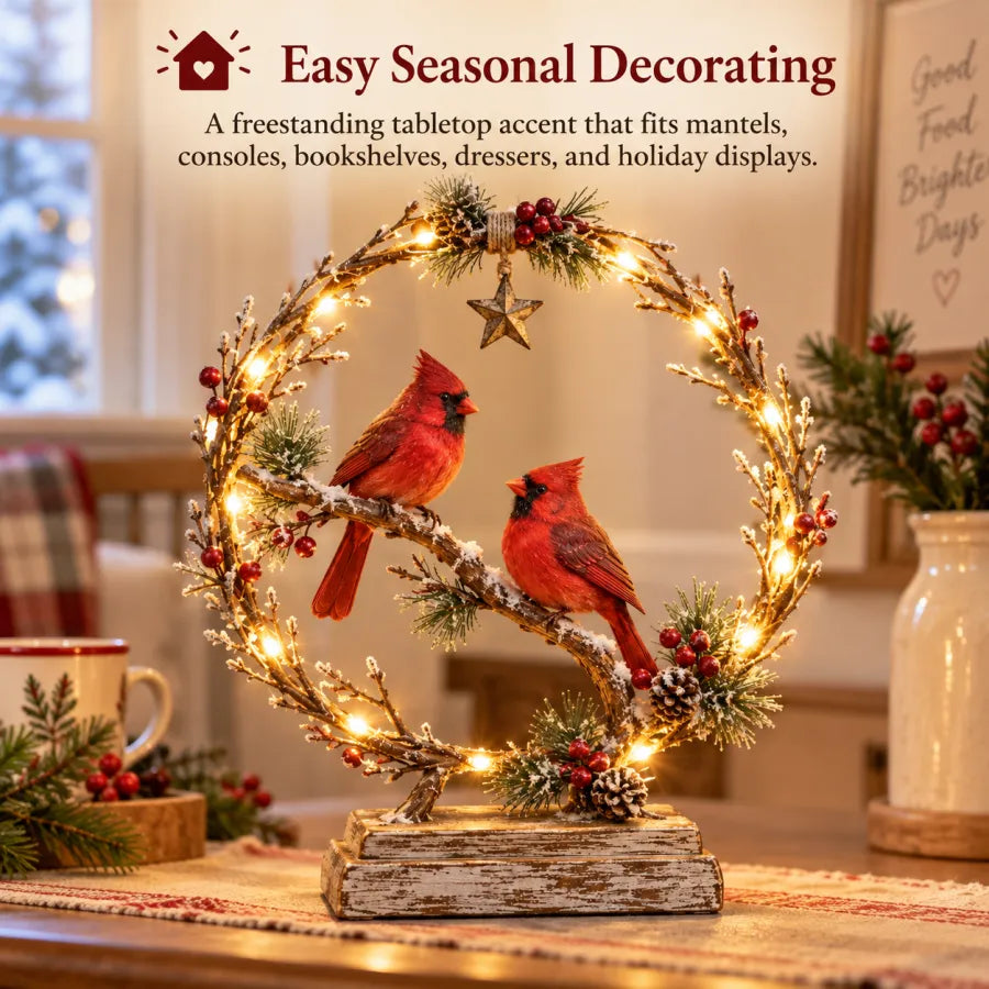 🔥🎁Lighted Cardinal Tabletop Decor, Rustic Red Cardinal Pair with Warm LED Lights