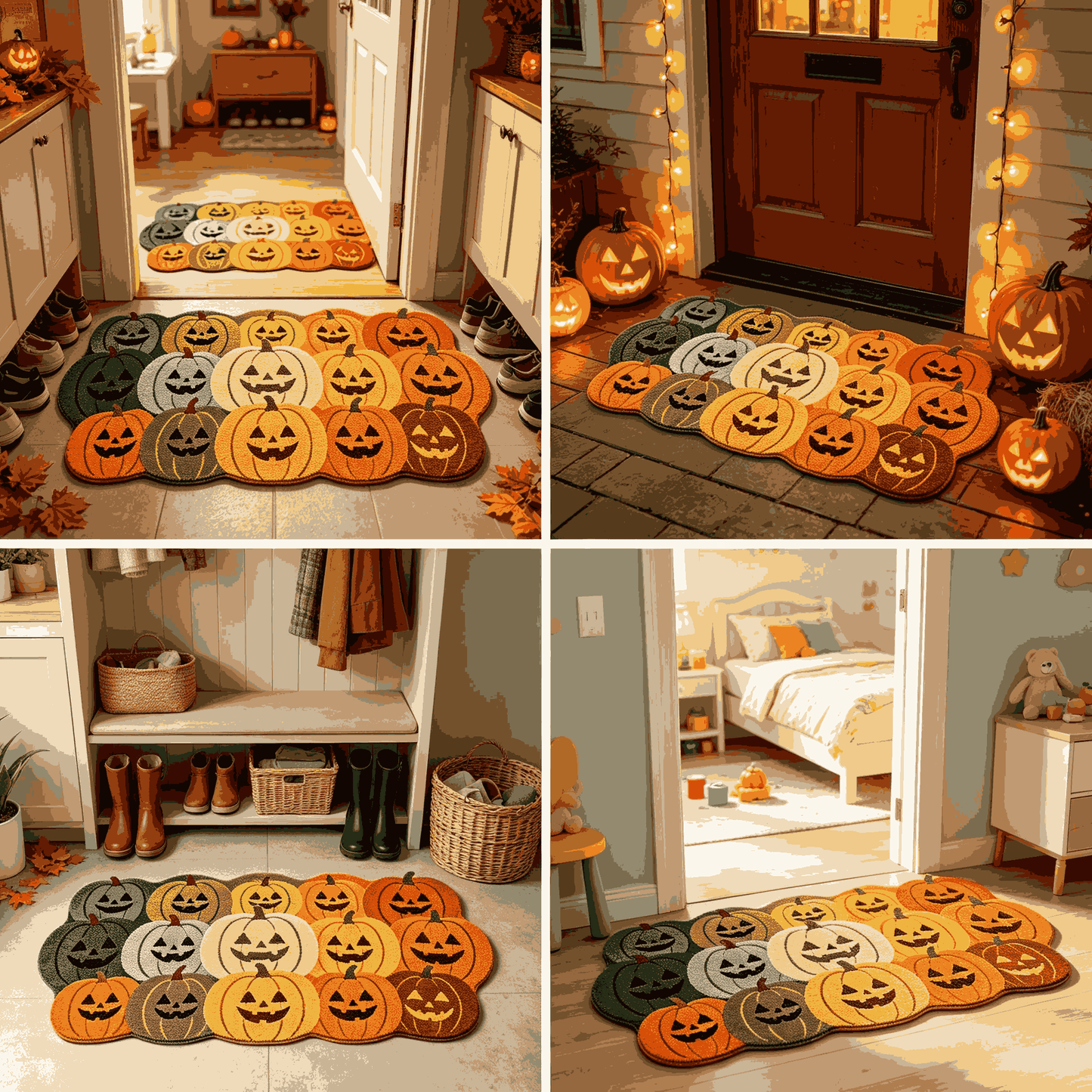 🎃Jack‑O‑Lantern Cluster Halloween Doormat | Pumpkin Shaped Fall Entryway Rug