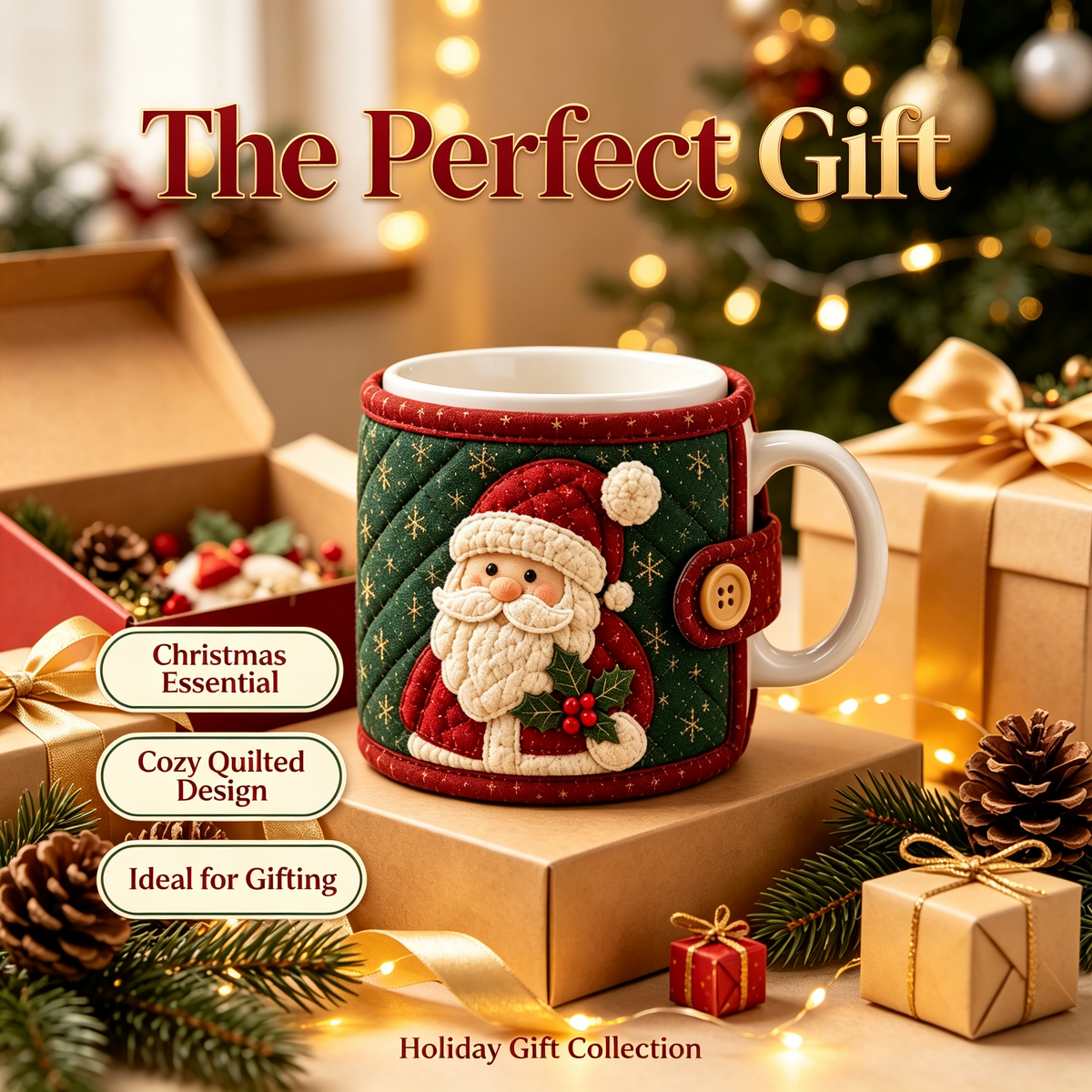 🎄Christmas Quilted Mug Cozy DIY Sewing Kit, Handmade Cup Sleeve Craft Set for Holiday Gift, Beginner Embroidery Sewing Project