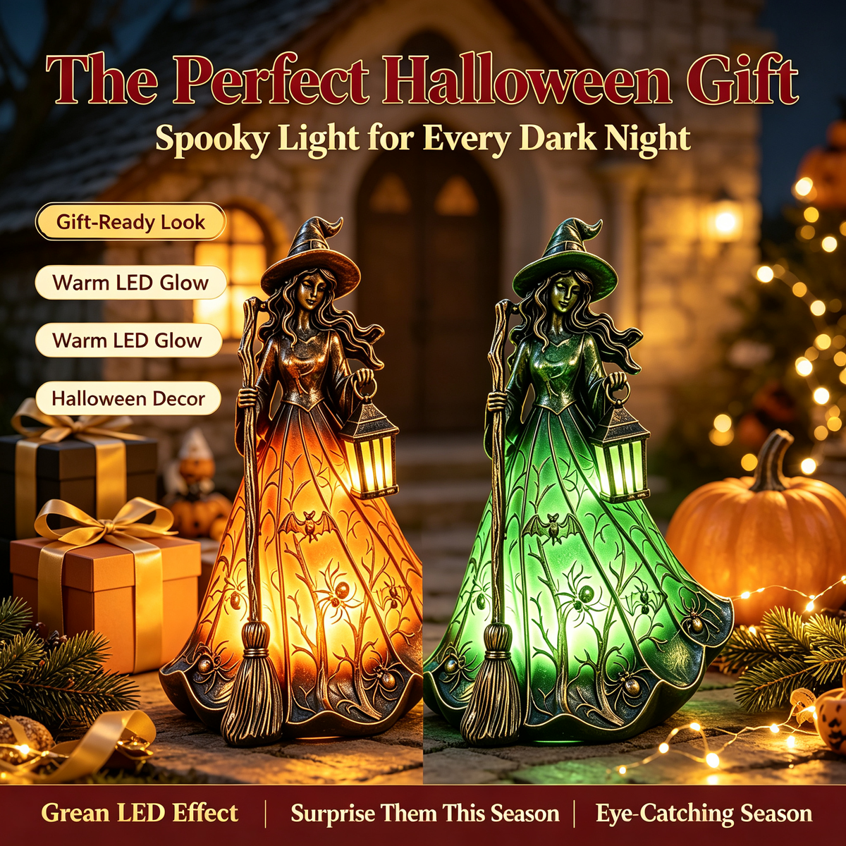 🧙‍♀️Halloween Witch Figurine LED Table Lamp, USB Powered Witch Statue Light for Halloween Tabletop Mantel Decor