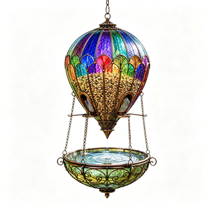 🌈 Stained Glass Hot Air Balloon Bird Feeder & Bird Bath Fountain 🐦