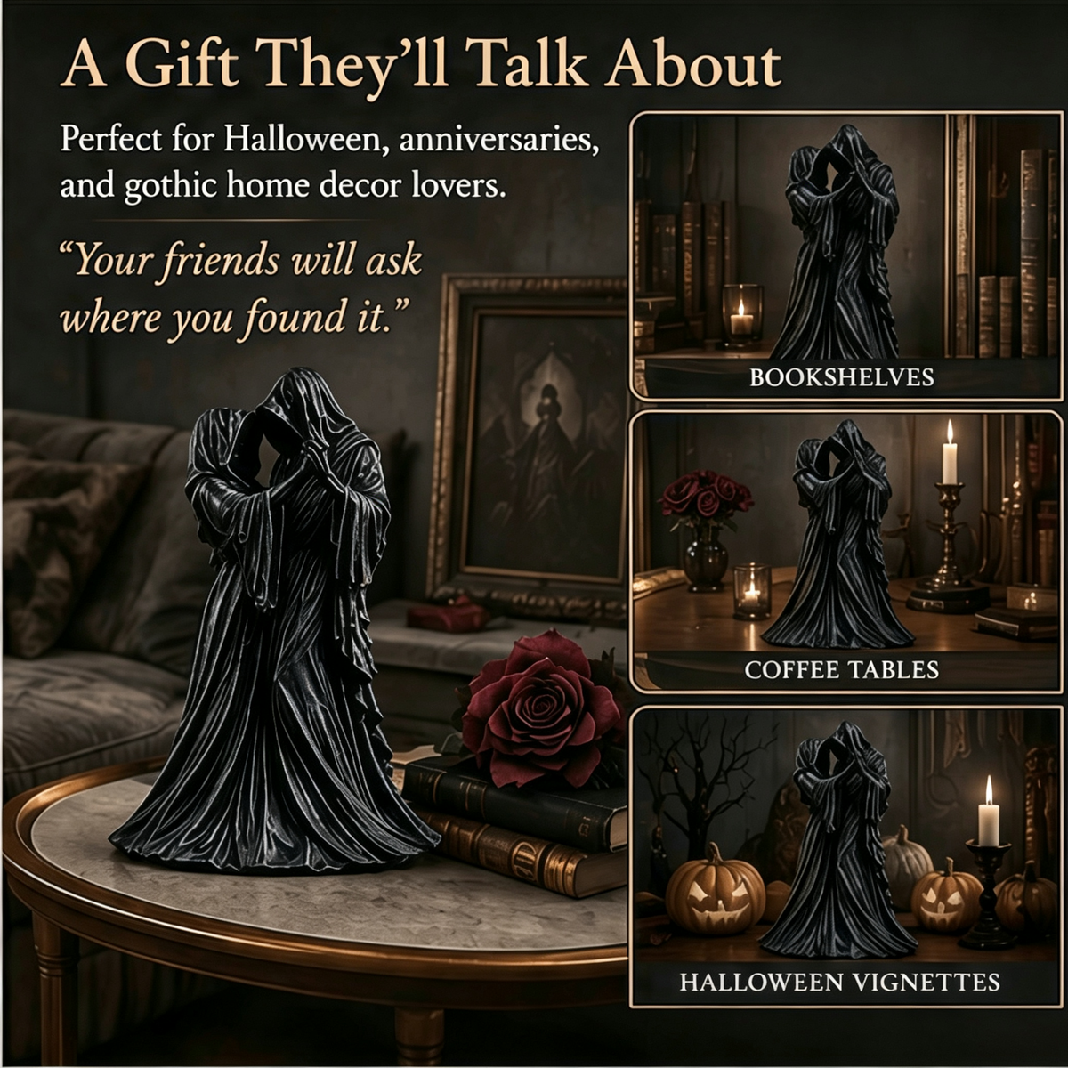🖤Eternal Dark Love Gothic Couple Statue | Hooded Skeleton Lovers Dancing Resin Figurine Halloween Tabletop Decor