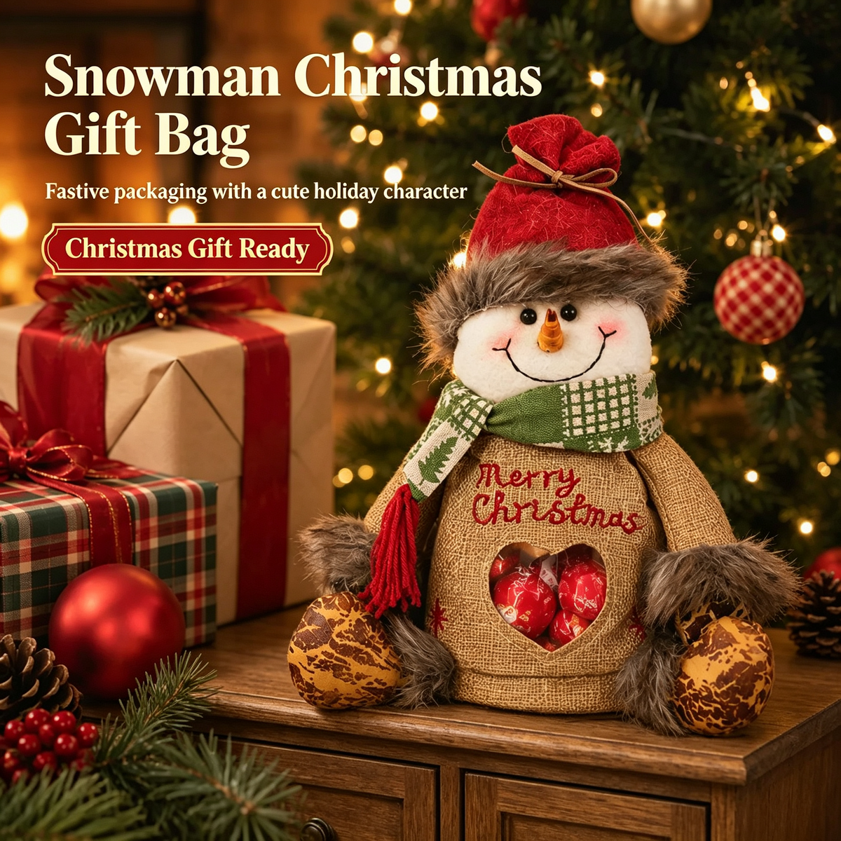 🎅 Christmas Plush Candy Gift Bag 🦌 Santa Snowman Reindeer Treat Pouch Xmas Decor & Kids Gift
