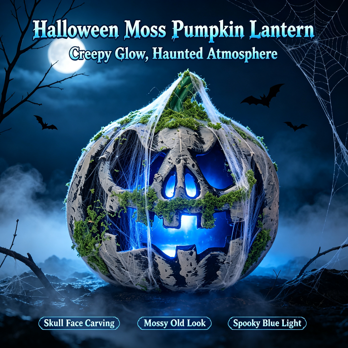 🎃 Halloween Moss Skull Pumpkin Lantern | Spooky Blue LED Light Haunted House Decor