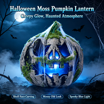 🎃 Halloween Moss Skull Pumpkin Lantern | Spooky Blue LED Light Haunted House Decor