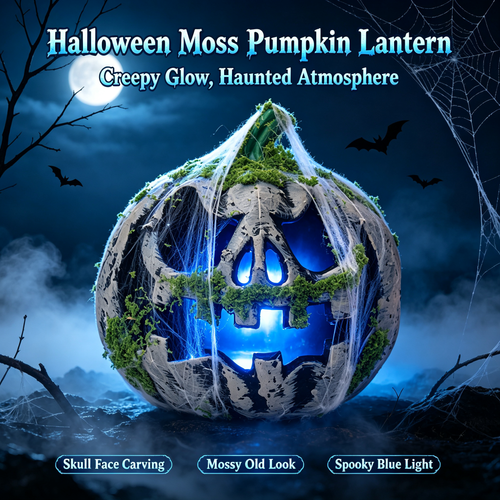 🎃 Halloween Moss Skull Pumpkin Lantern | Spooky Blue LED Light Haunted House Decor