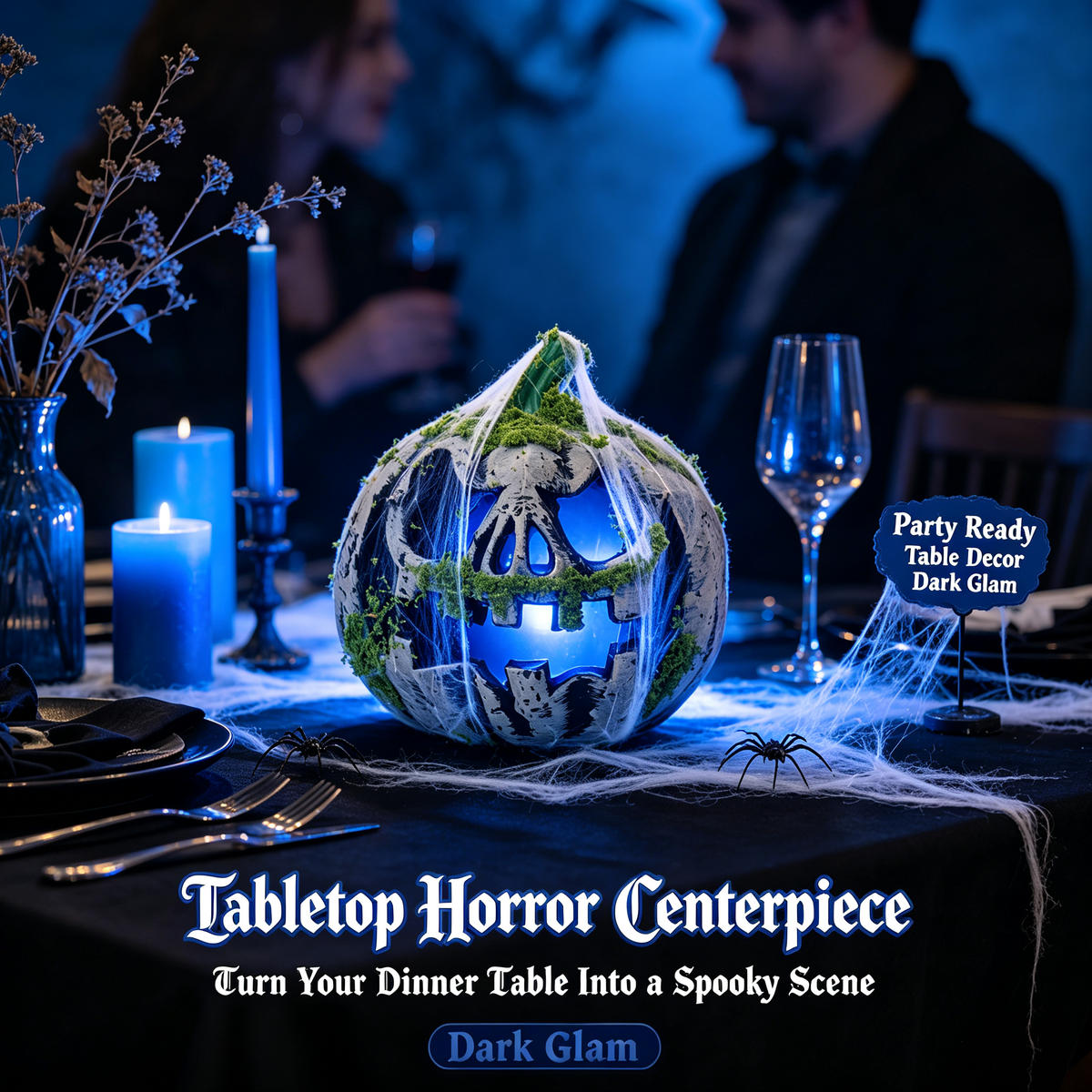🎃 Halloween Moss Skull Pumpkin Lantern | Spooky Blue LED Light Haunted House Decor