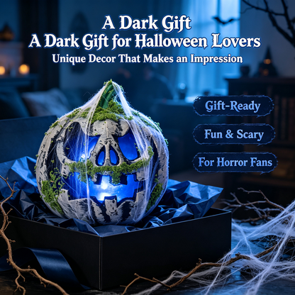 🎃 Halloween Moss Skull Pumpkin Lantern | Spooky Blue LED Light Haunted House Decor