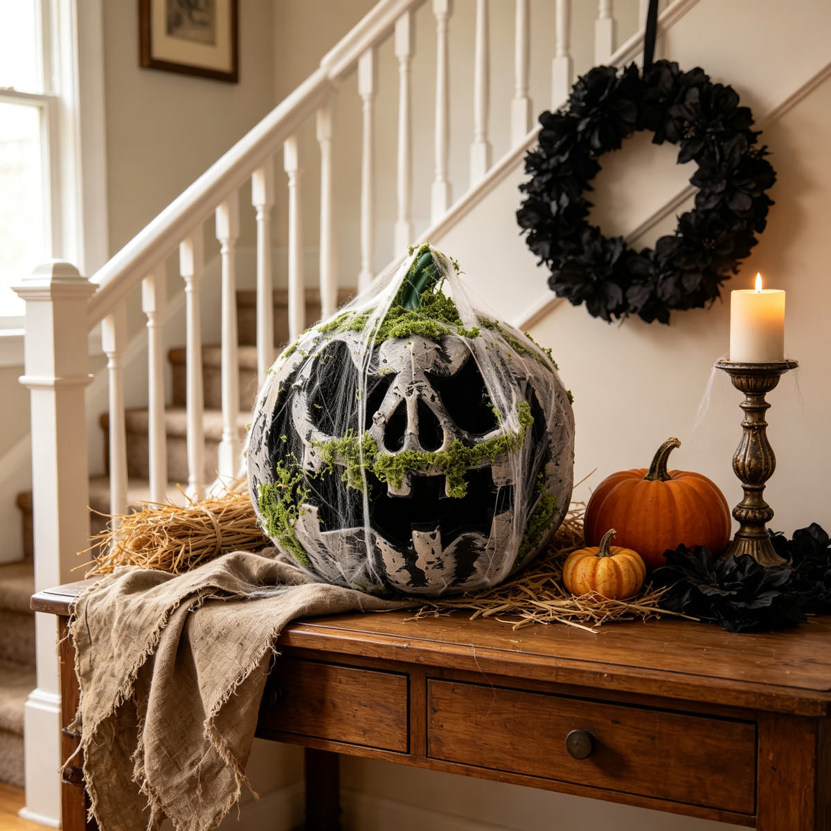 🎃 Halloween Moss Skull Pumpkin Lantern | Spooky Blue LED Light Haunted House Decor