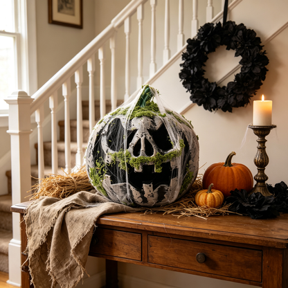 🎃 Halloween Moss Skull Pumpkin Lantern | Spooky Blue LED Light Haunted House Decor