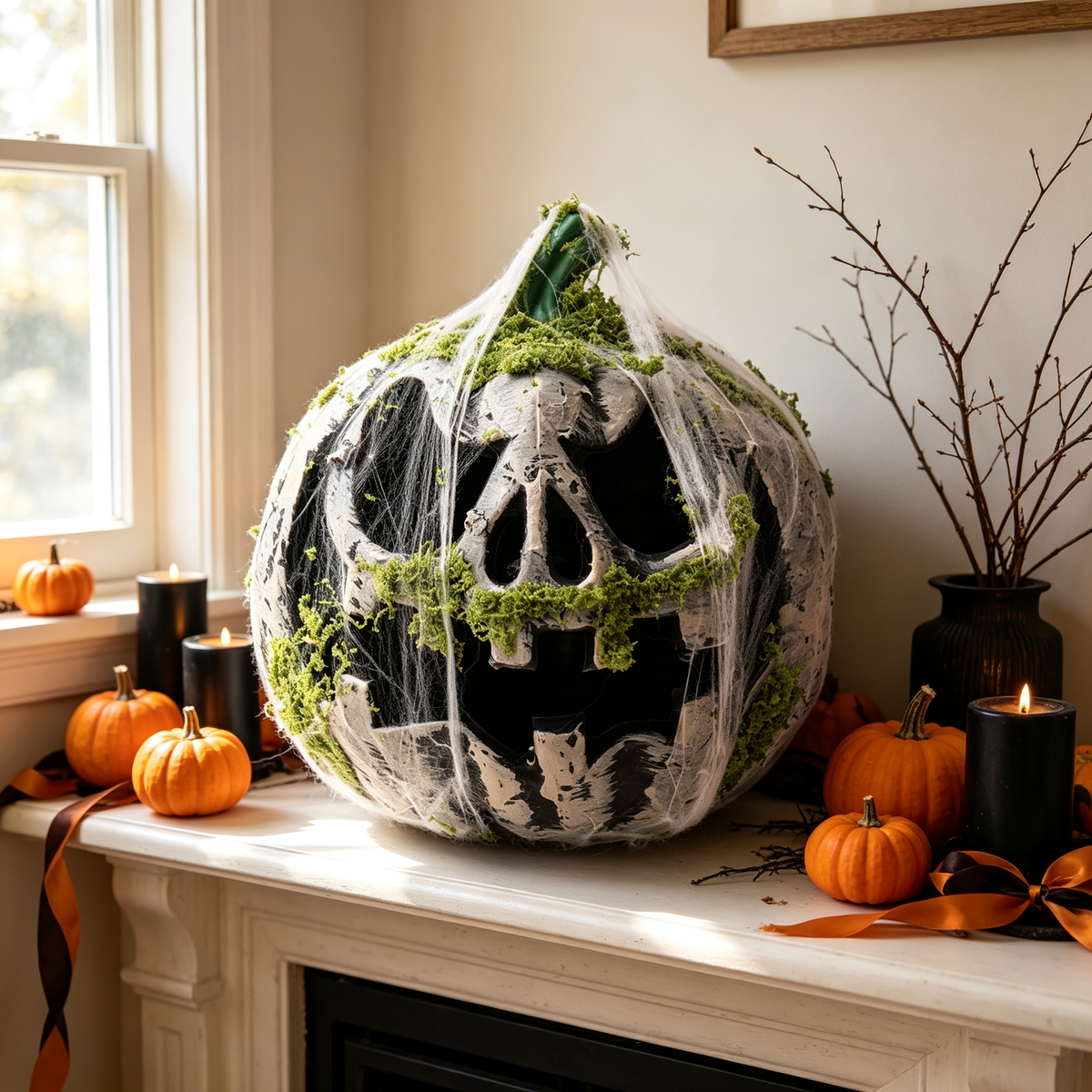 🎃 Halloween Moss Skull Pumpkin Lantern | Spooky Blue LED Light Haunted House Decor
