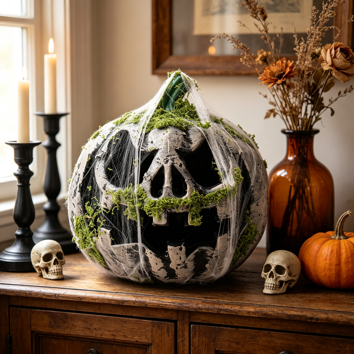🎃 Halloween Moss Skull Pumpkin Lantern | Spooky Blue LED Light Haunted House Decor