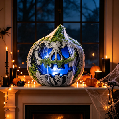 🎃 Halloween Moss Skull Pumpkin Lantern | Spooky Blue LED Light Haunted House Decor