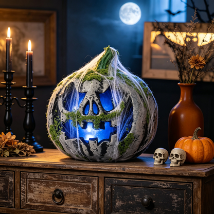 🎃 Halloween Moss Skull Pumpkin Lantern | Spooky Blue LED Light Haunted House Decor