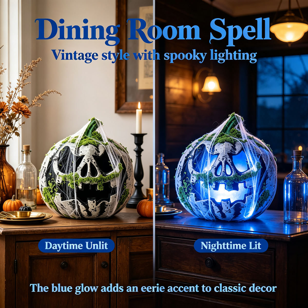 🎃 Halloween Moss Skull Pumpkin Lantern | Spooky Blue LED Light Haunted House Decor