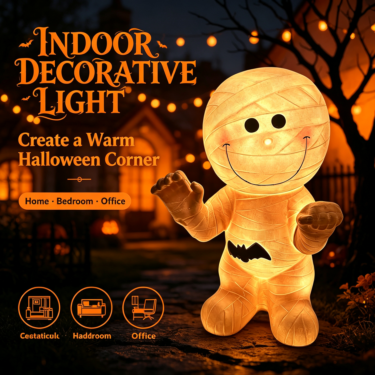🦇 Cute Mummy Halloween Light Decor 🎃 Warm Glow Mummy Statue Night Light Indoor Halloween Tabletop Ornament