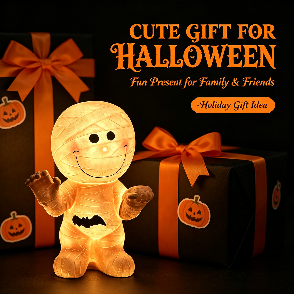🦇 Cute Mummy Halloween Light Decor 🎃 Warm Glow Mummy Statue Night Light Indoor Halloween Tabletop Ornament