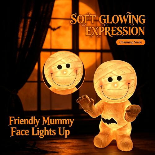 🦇 Cute Mummy Halloween Light Decor 🎃 Warm Glow Mummy Statue Night Light Indoor Halloween Tabletop Ornament