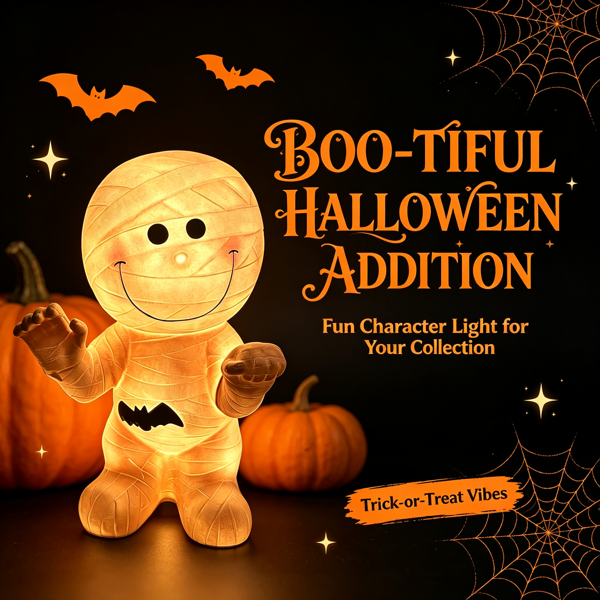 🦇 Cute Mummy Halloween Light Decor 🎃 Warm Glow Mummy Statue Night Light Indoor Halloween Tabletop Ornament