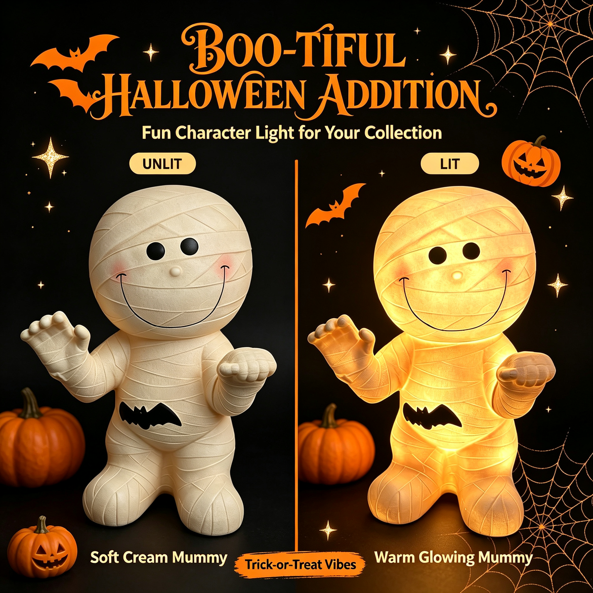 🦇 Cute Mummy Halloween Light Decor 🎃 Warm Glow Mummy Statue Night Light Indoor Halloween Tabletop Ornament