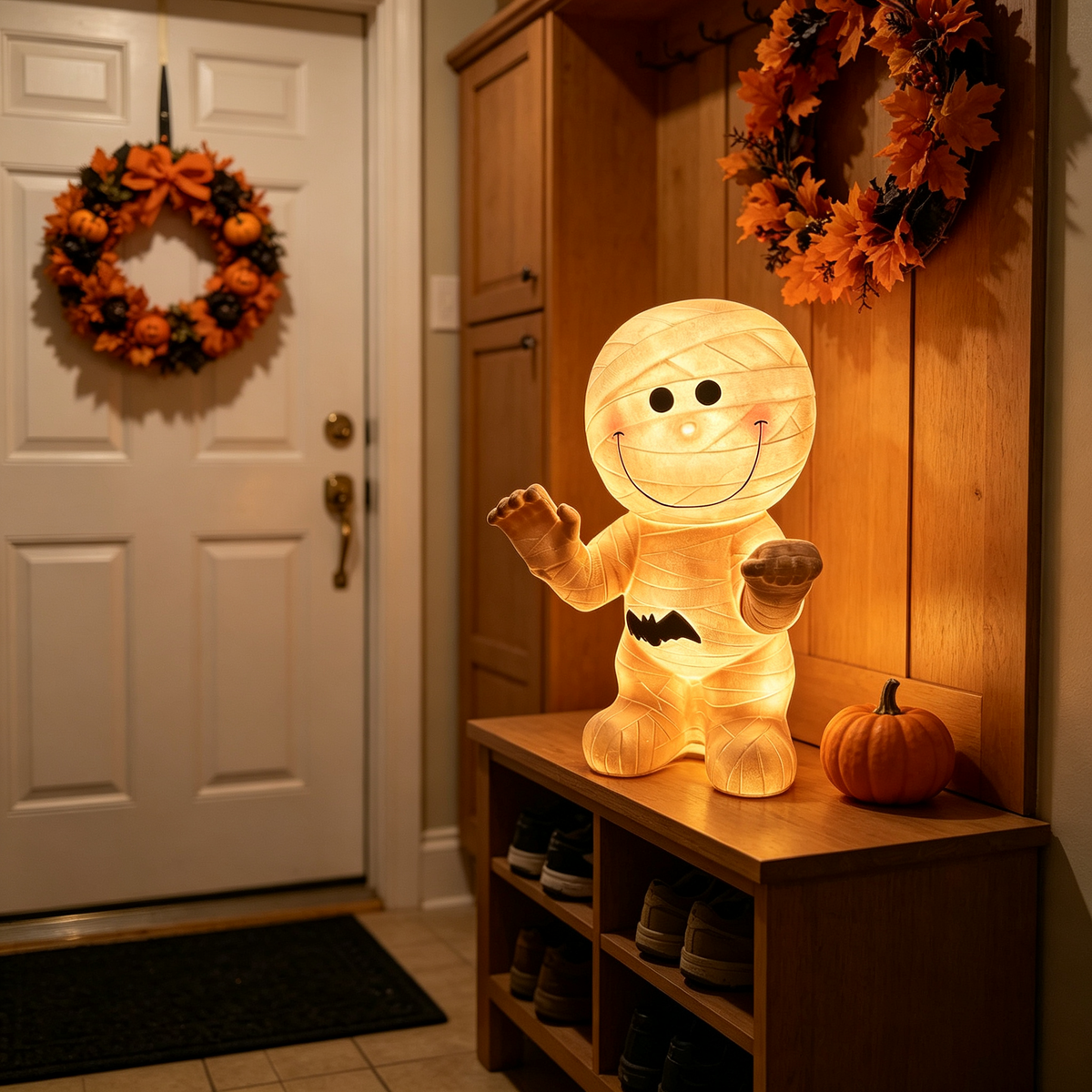 🦇 Cute Mummy Halloween Light Decor 🎃 Warm Glow Mummy Statue Night Light Indoor Halloween Tabletop Ornament