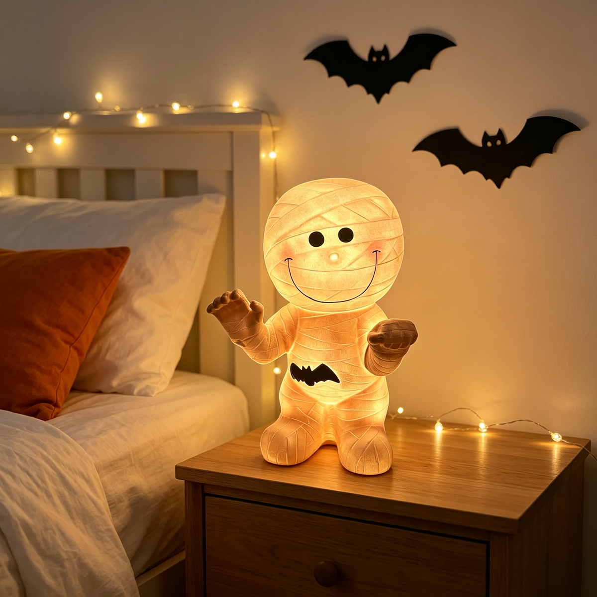 🦇 Cute Mummy Halloween Light Decor 🎃 Warm Glow Mummy Statue Night Light Indoor Halloween Tabletop Ornament