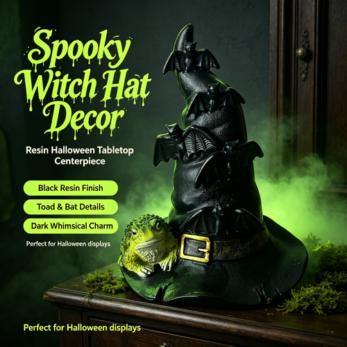 🦇 Halloween Witch Hat Resin Statue, Spooky Bat & Toad Tabletop Decor for Gothic Home Party