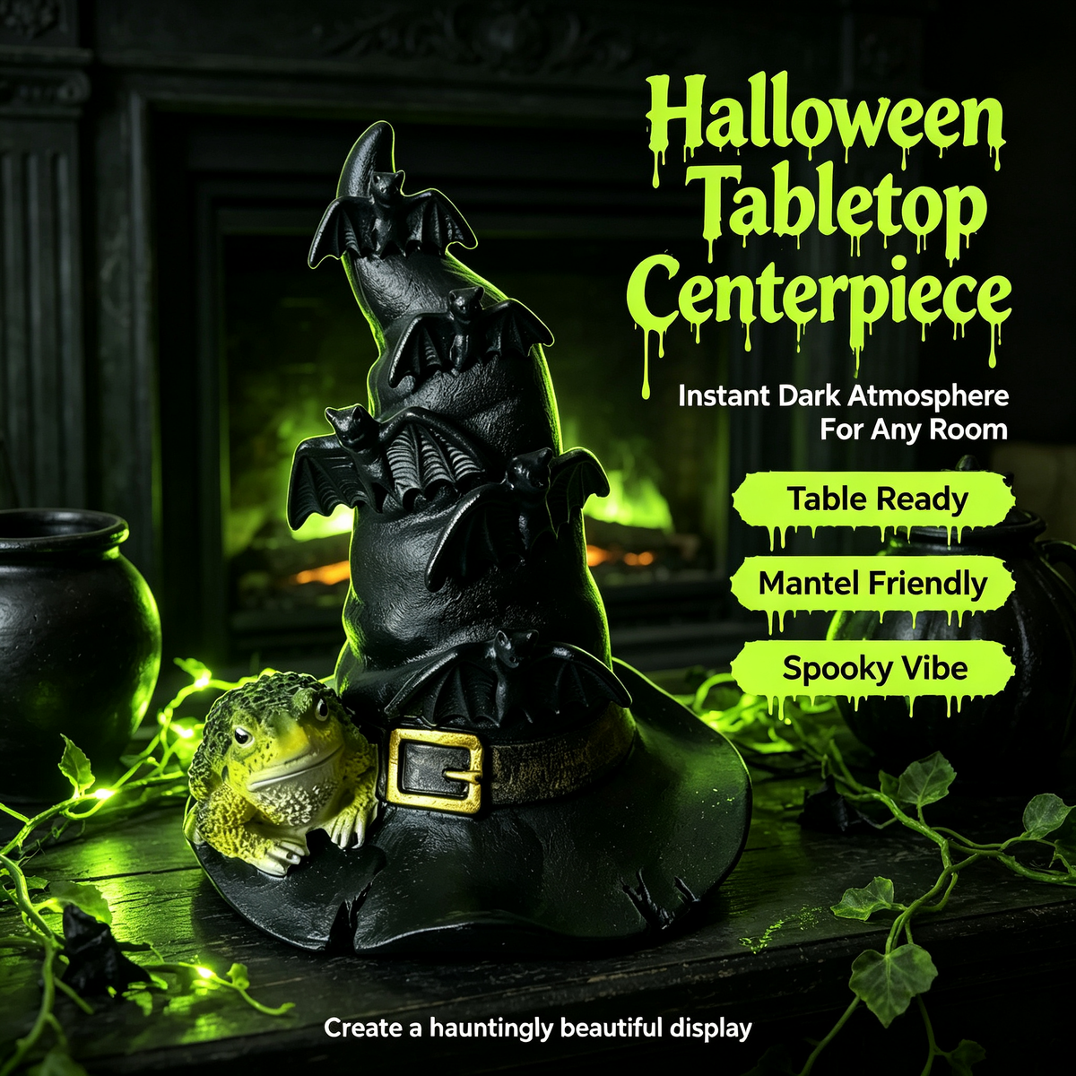 🦇 Halloween Witch Hat Resin Statue, Spooky Bat & Toad Tabletop Decor for Gothic Home Party