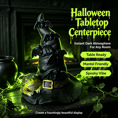🦇 Halloween Witch Hat Resin Statue, Spooky Bat & Toad Tabletop Decor for Gothic Home Party